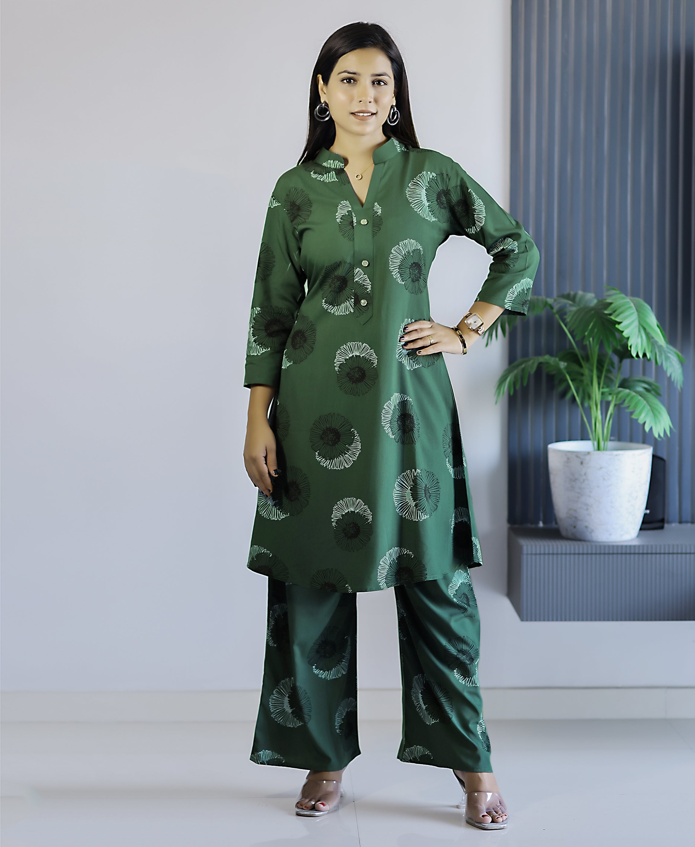 Green Rayon Viscose 21 KG Floral & Leaf Printed Co-ord Set